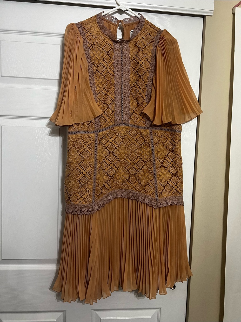 ASOS Pleated Lace Overlay Midi Dress in Caramel